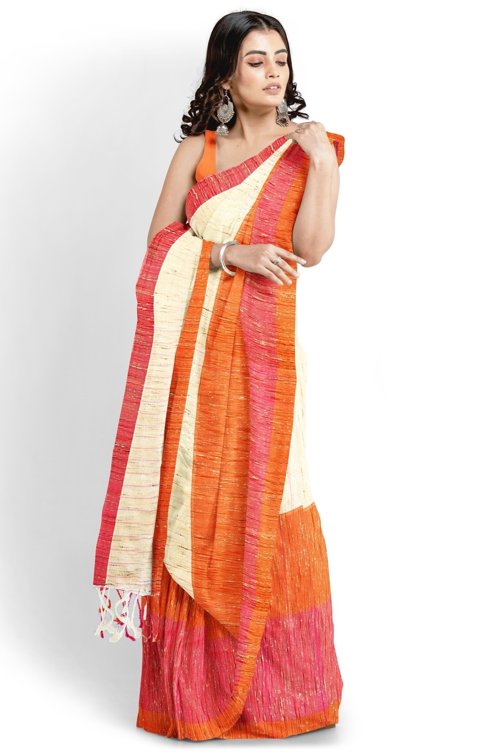 Orange White Pure Cotton Kusu Hand Loom Saree (1281)